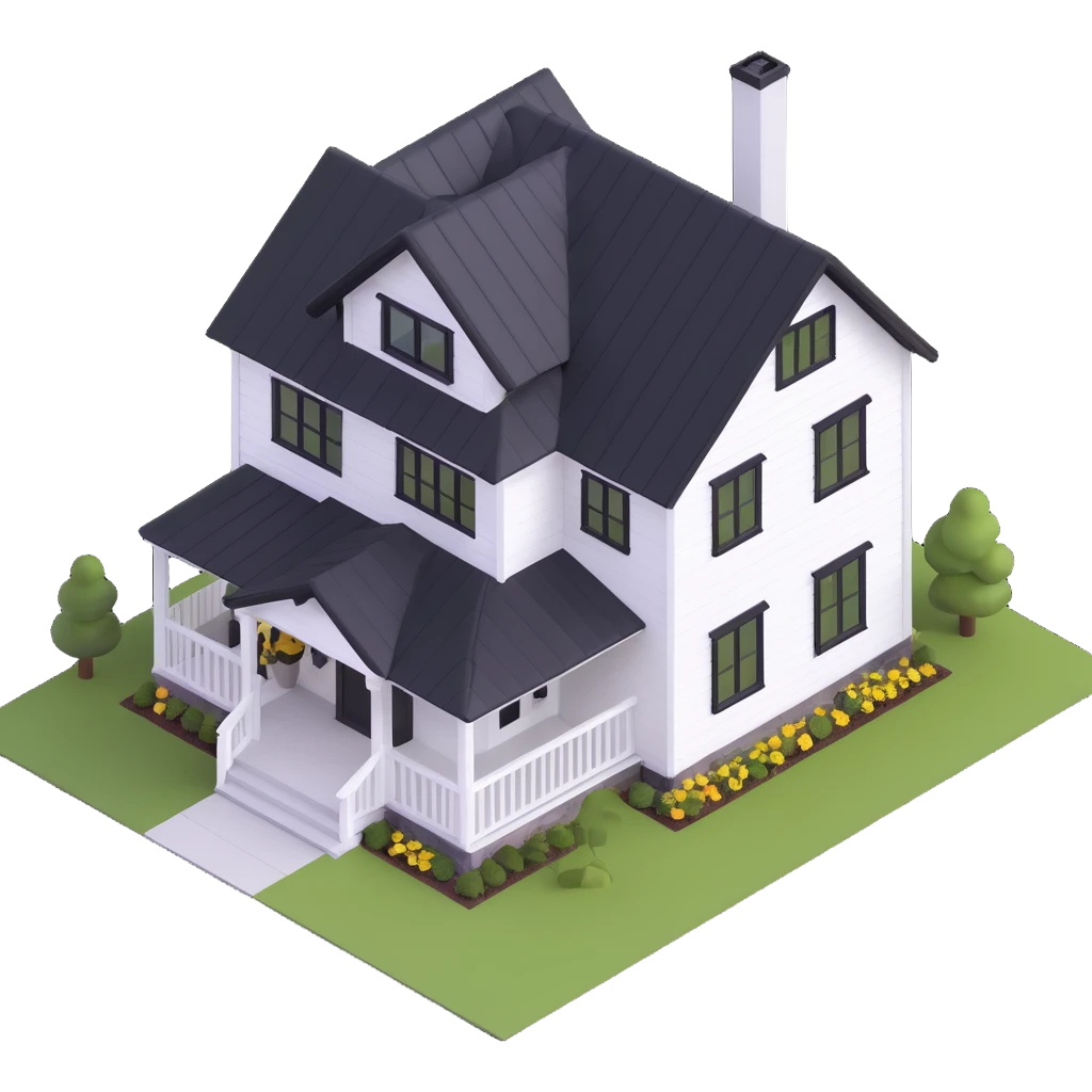modern farmhouse with white siding, black roof and black trim, isometric exterior view emoji