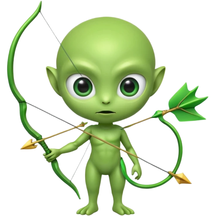 3D emoji-style green alien holding a bow and arrow, glossy texture, smooth skin, large expressive eyes, small humanoid body, minimalist background, soft lighting, Pixar-style rendering, high detail, cute but slightly serious expression, clean centered composition. emoji