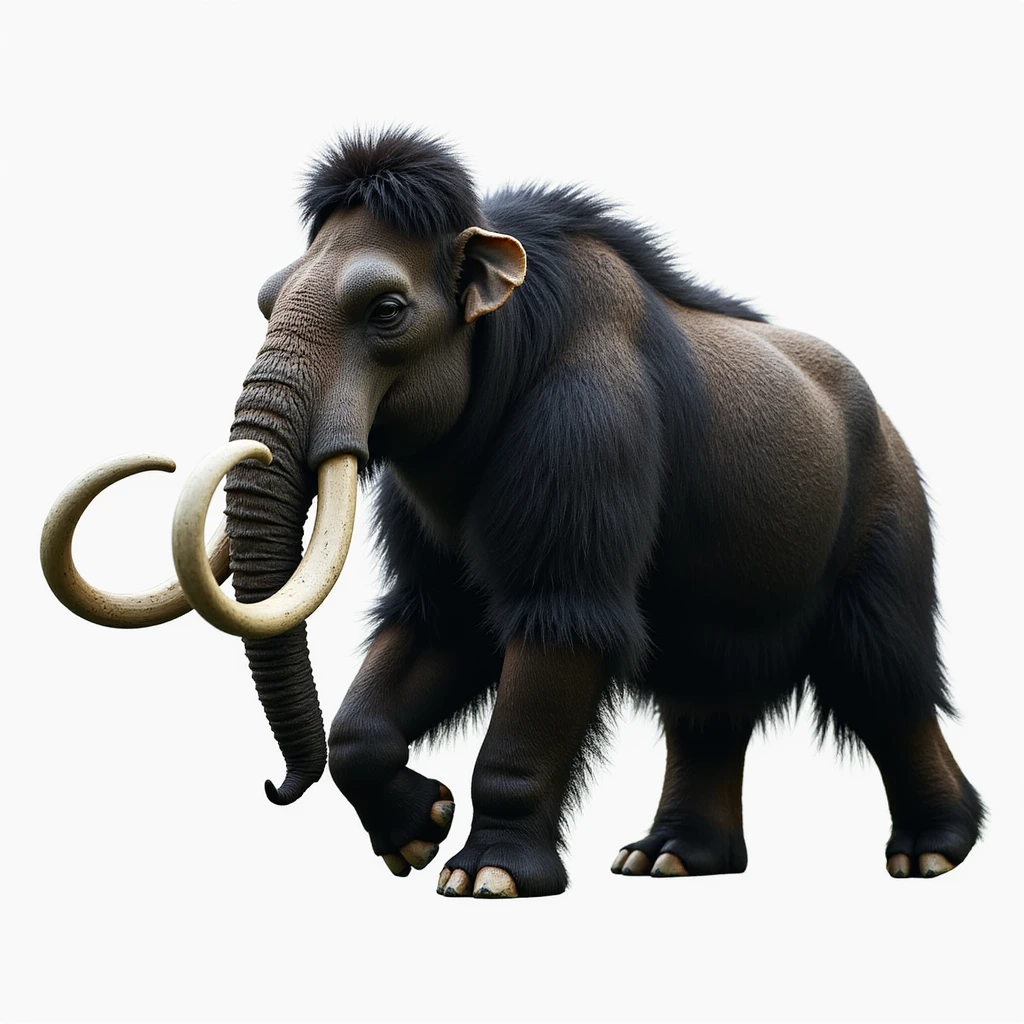 profile side view of a wooly mammoth with black fur and white tusks, walking, realistic style, no background emoji