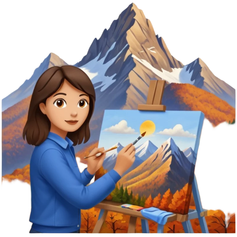 Brunette Artist painting a beautiful autumn mountain peak destination on canvas emoji