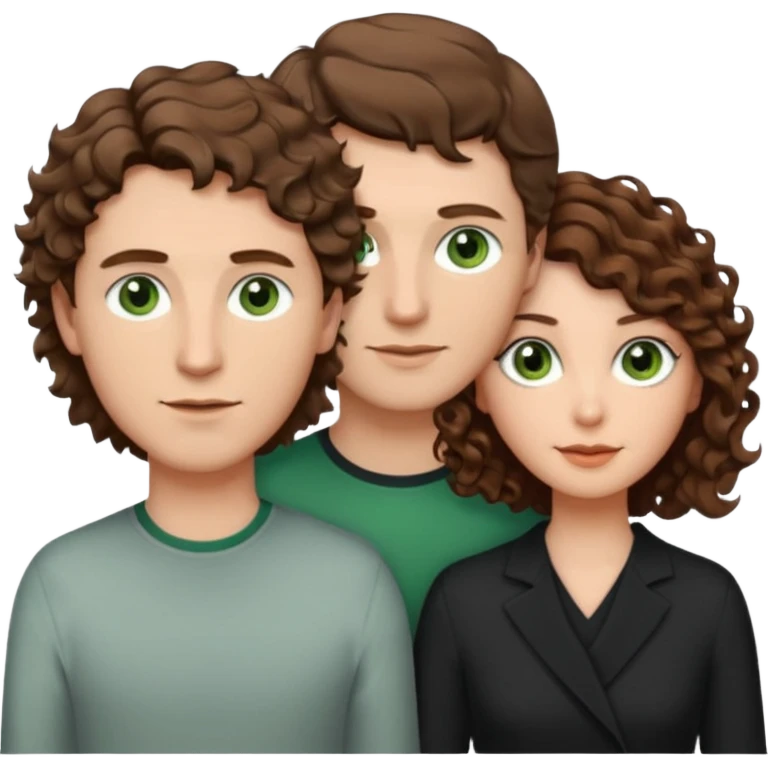 White Man in the middle with brown hair and green eyes, women next to him with short brown hair with slight waves, taller women on right side with shoulder length curly hair and brown eyes emoji