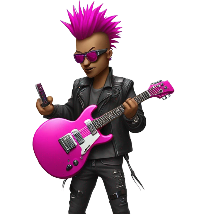 cyberpunk rockstar, magenta mohawk, robot heavy metal rock star,  red mechanical sci-fi electric guitar, close up view emoji