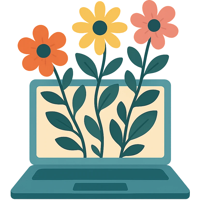 flat design style computer with flowers growing out of it emoji