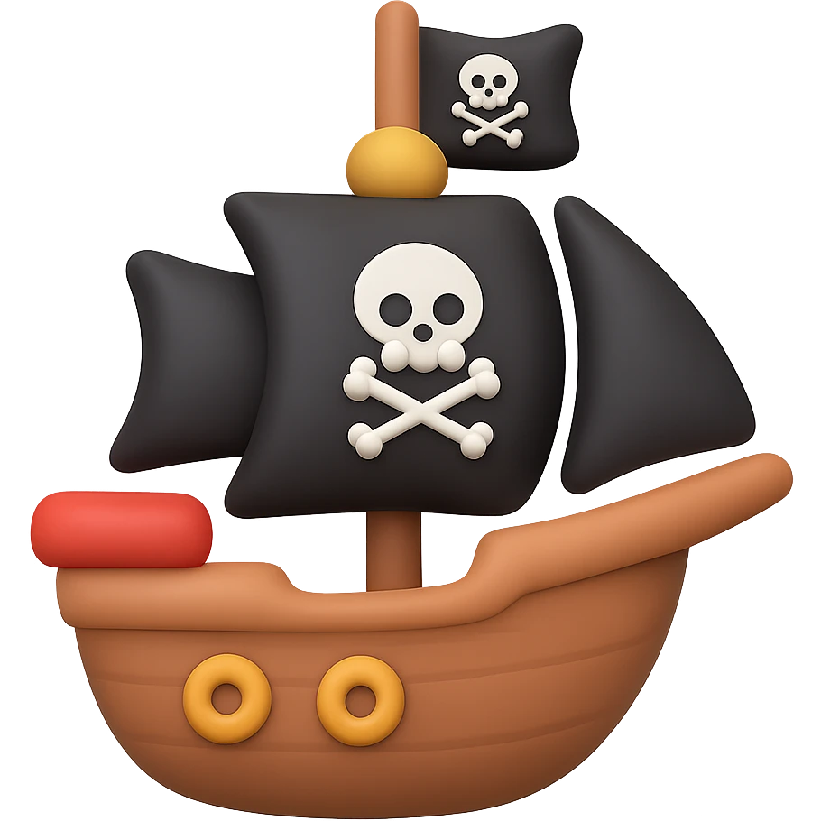 A cute pirate ship with black sails and a jolly roger flag emoji