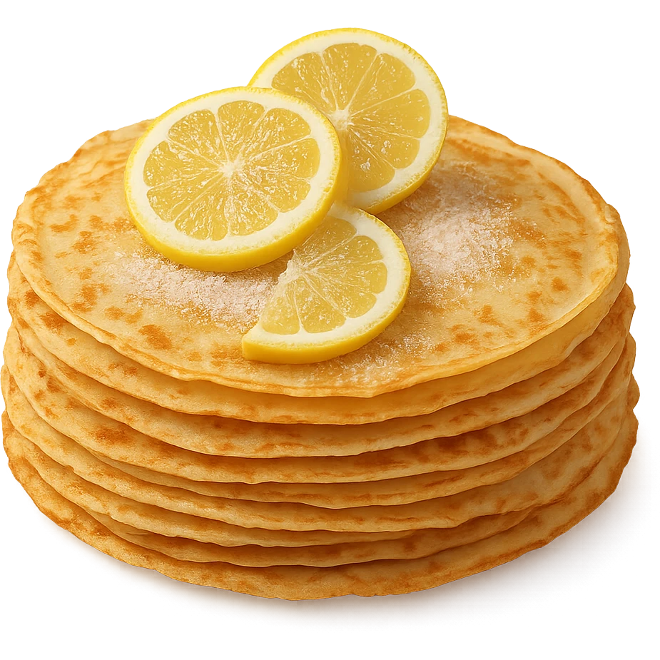 a stack of French crepes with lemon slices and sugar emoji