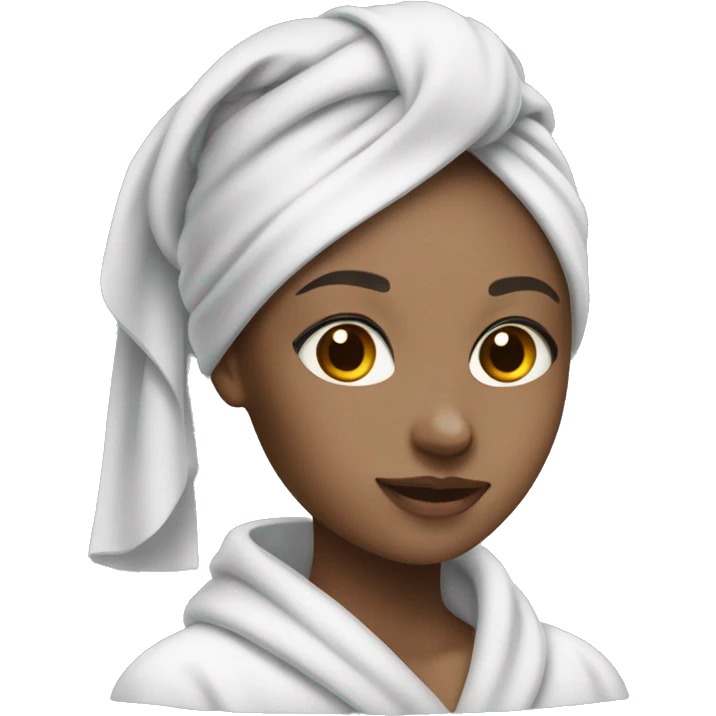 white-skinned girl with a towel on her head in a gray robe doing makeup emoji