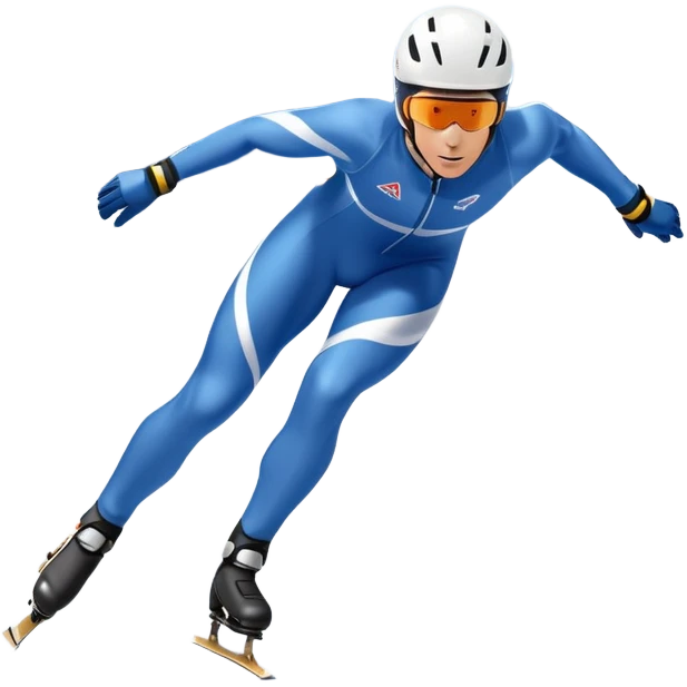 An icon showing a grand arena, snow-covered mountains in the distance, and a crisp blue sky. professional speed skater leaning into a turn on a polished ice track, dressed in a sleek suit and helmet. Transparent background highlights speed and precision. emoji