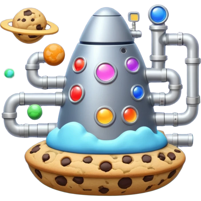 Outside view of a half-spaceship cookie factory floating in orbit, metallic hull with cookie insignia, glowing pipes connecting modules, stars and planets in the background, emoji-style emoji