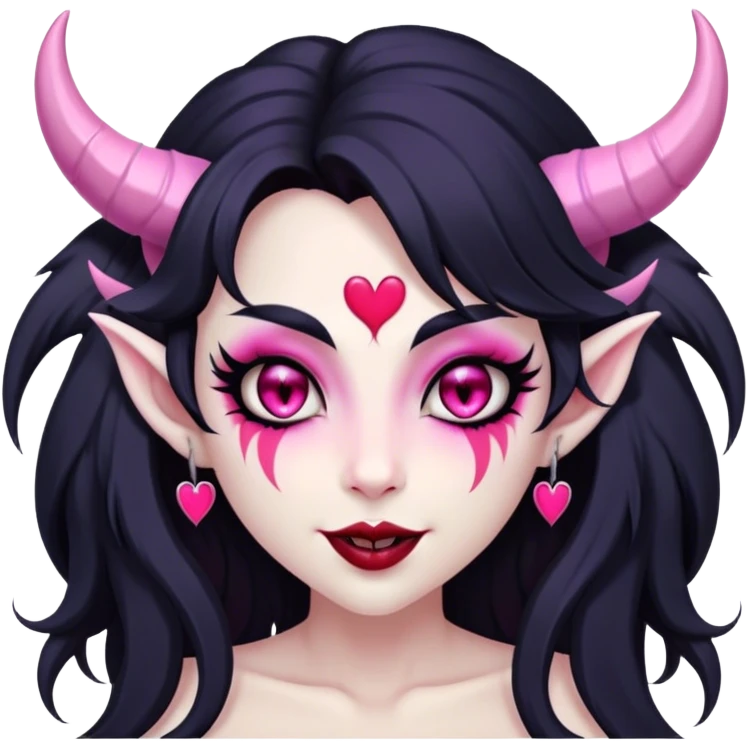 Succubus, pink irises, heart pupils, black long shaggy hair, light grey skin, white horns curving towards forehead, succubus horns, flirty smile, full lips, black lips, cute fangs emoji