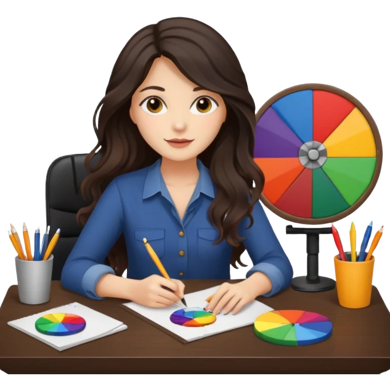female dark wavy long hair graphic designer , holding color wheel , pens, papers, desktop emoji