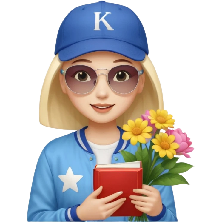 ["A happy girl with light skin, bald, wearing a baseball cap and sunglasses, dressed in K-pop fashion, is reading a book while holding a flower bouquet."] emoji