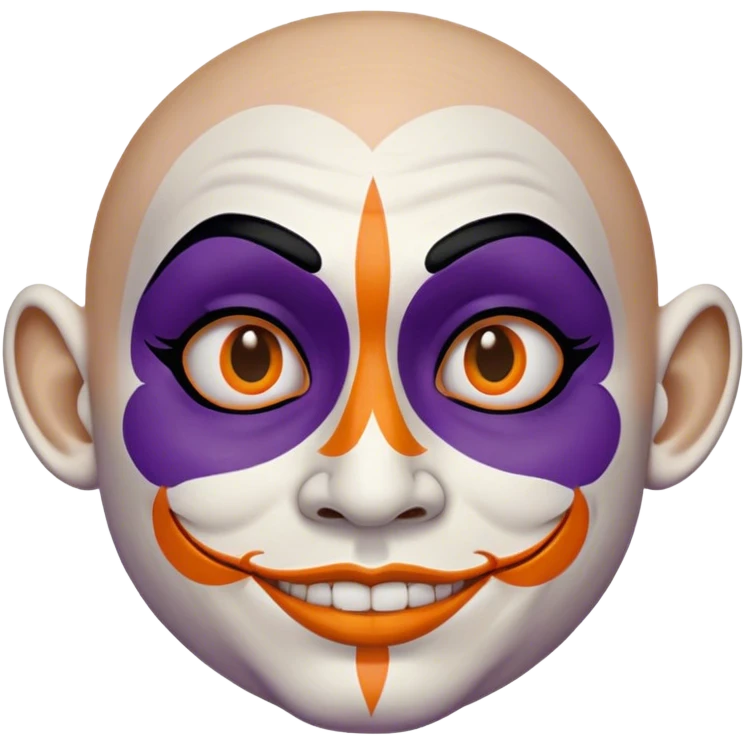 Juggalo smiley face that is Perfectly round and hairless with white skin with realistic human brown colored eyes and elaborate but symmetrical lined face paint from the top of the forehead down the sides of their chin to the bottom of their face that is orange outlined in dark purple emoji