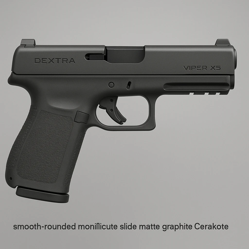 side profile of the Dextra Viper X5 pistol, highlighting smooth rounded monolithic slide with matte graphite Cerakote finish, subtle top serrations, flush-fit ported barrel, no front rail, optic-ready slide cut, minimalist and snag-free design emoji