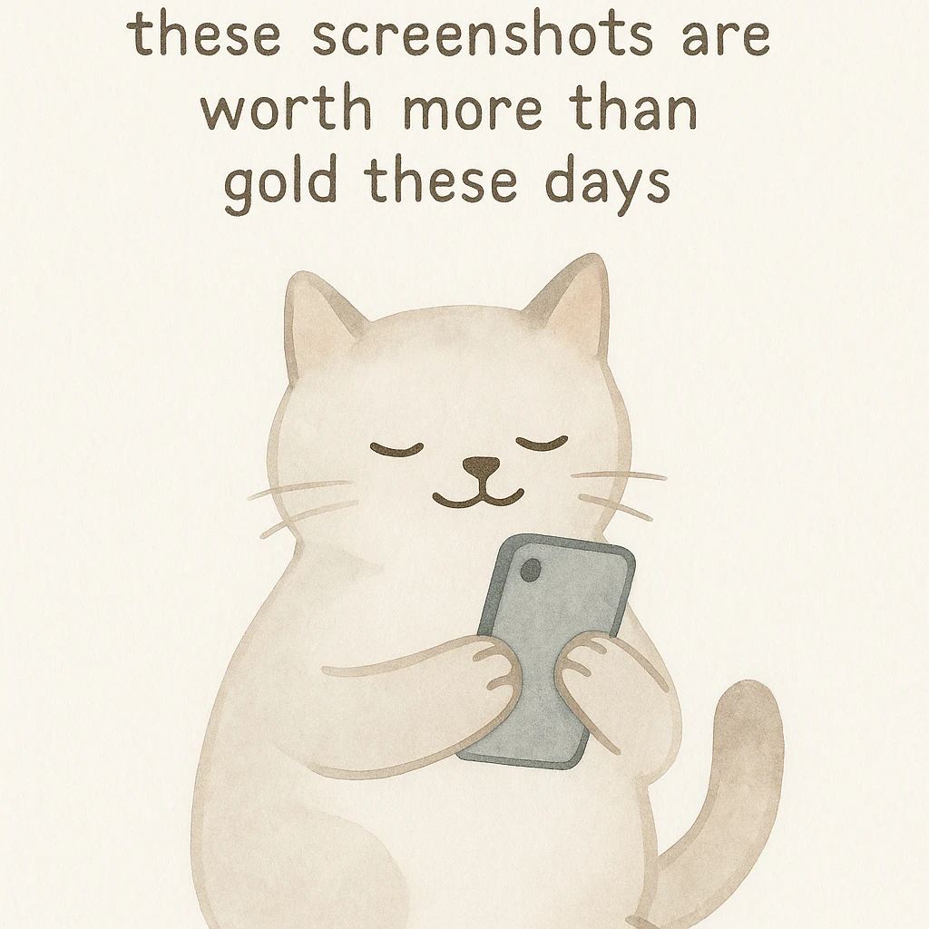 thankful cat holding a phone with the phrase 'these screenshots are worth more than gold these days' on a white background, watercolor art style emoji