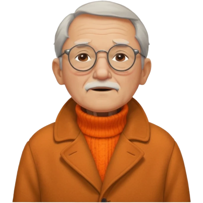 old man with orange high collar shirt and a thick coat wearing glass while closing his eyes emoji