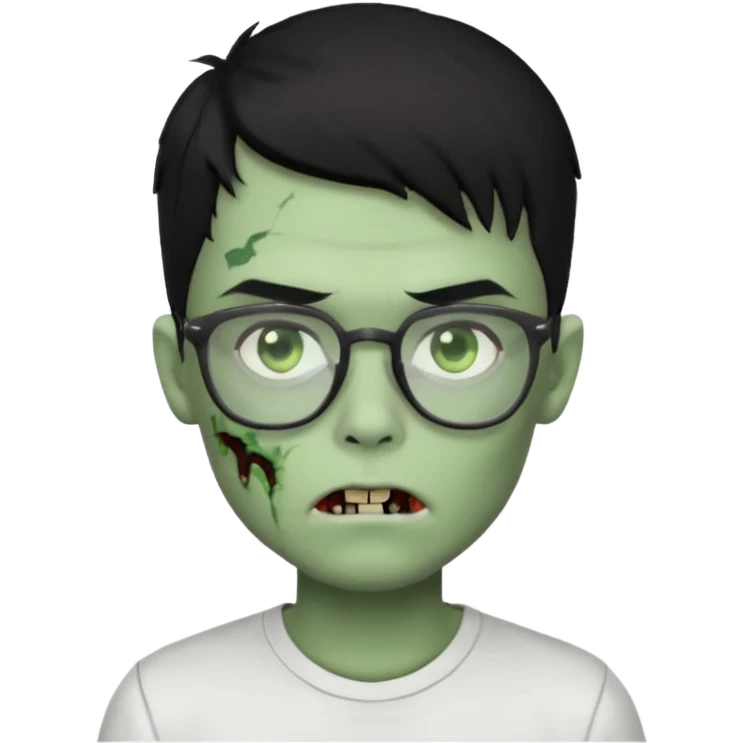 zombie boy with black hair, glasses, white shirt, green skin emoji