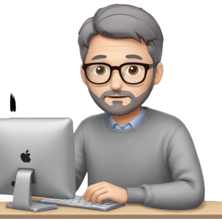 Profesor de pelo gris marrón oscuro con gafas un poco de barba jersey gris y un ordenador los óleos son marrones con poca cantidad de pelo emoji