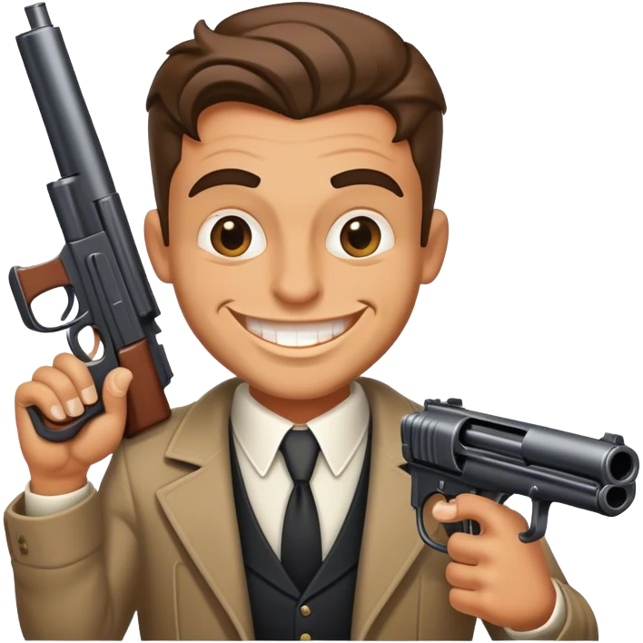 Gangster guy with a big gun with a wide grin on his face and moneybags emoji