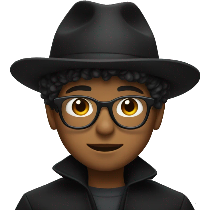 A boy with a wide-brimmed black hat, optical glasses, and a black coat emoji