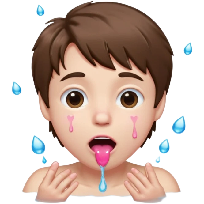Pale Boy with shaggy brown hair, pink heart shaped eyes looking up , mouth open , water drop dripping from lips, hand grabbing at face  emoji