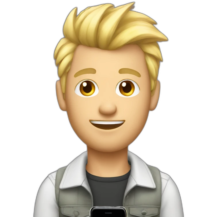 Blonde man with faux hawk hair holding iPhone emoji