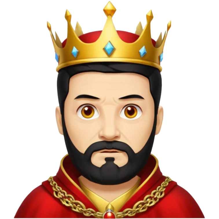 


an old king with yellow skin, red eyes, 60 years old, black hair, black beard, wearing a crown, red robe, fierce face
 emoji