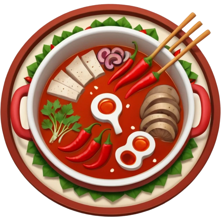 A hot pot emoji in top-down view. The pot is divided into two sections: one with spicy red broth filled with chili peppers, and one with mild white broth. Surround the pot with rolled slices of meat, vegetables, and mushrooms.The meat outside the pot emoji