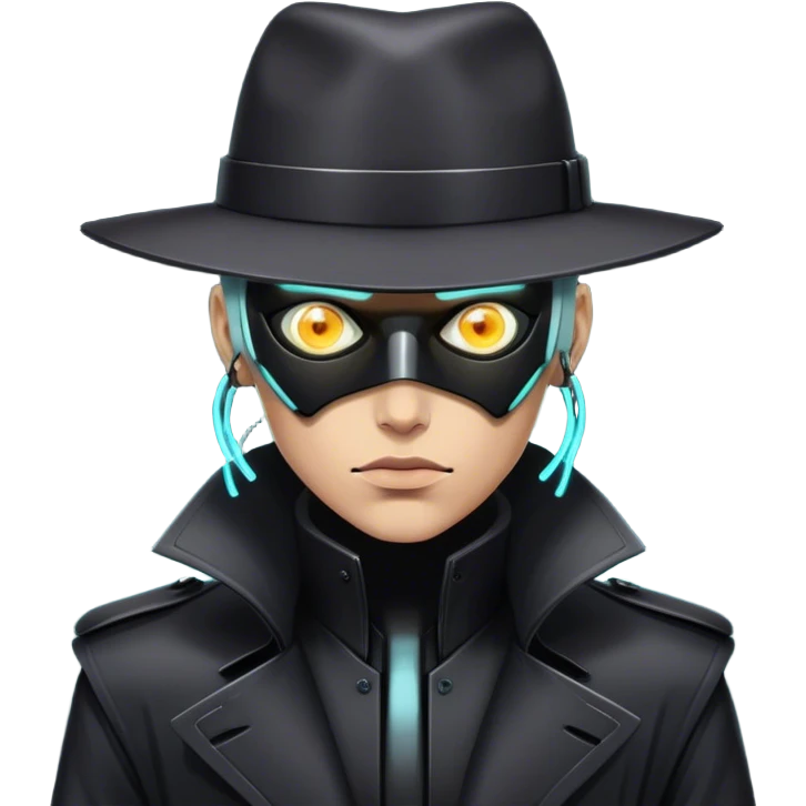 A dystopian bounty hunter, black trench coat, cybernetic eye glowing emoji