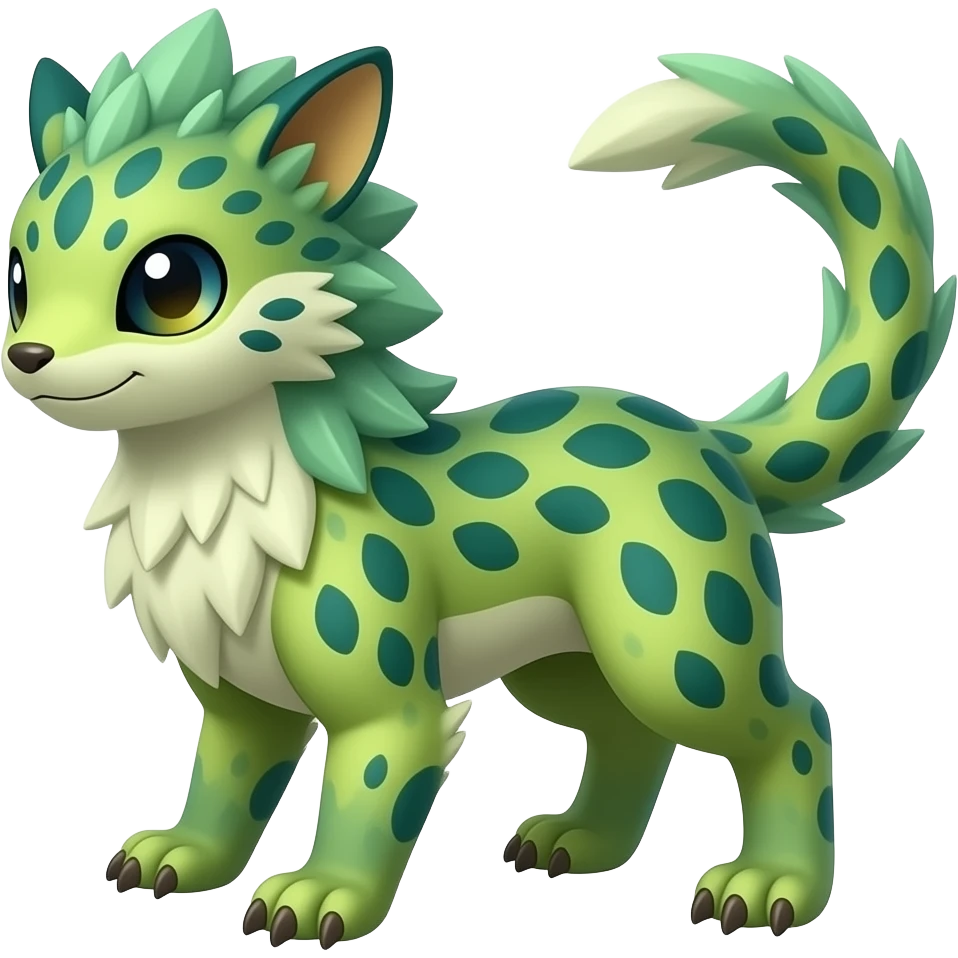 Feathery speckled flecked Japanese oriental asian painted Greenish beautiful handsome gorgeous aesthetic colorful vibrant Vernid-Trico-species-Fakemon-creature by LiLaiRa, 4 legs, 1 tail, random markings, (full body) emoji