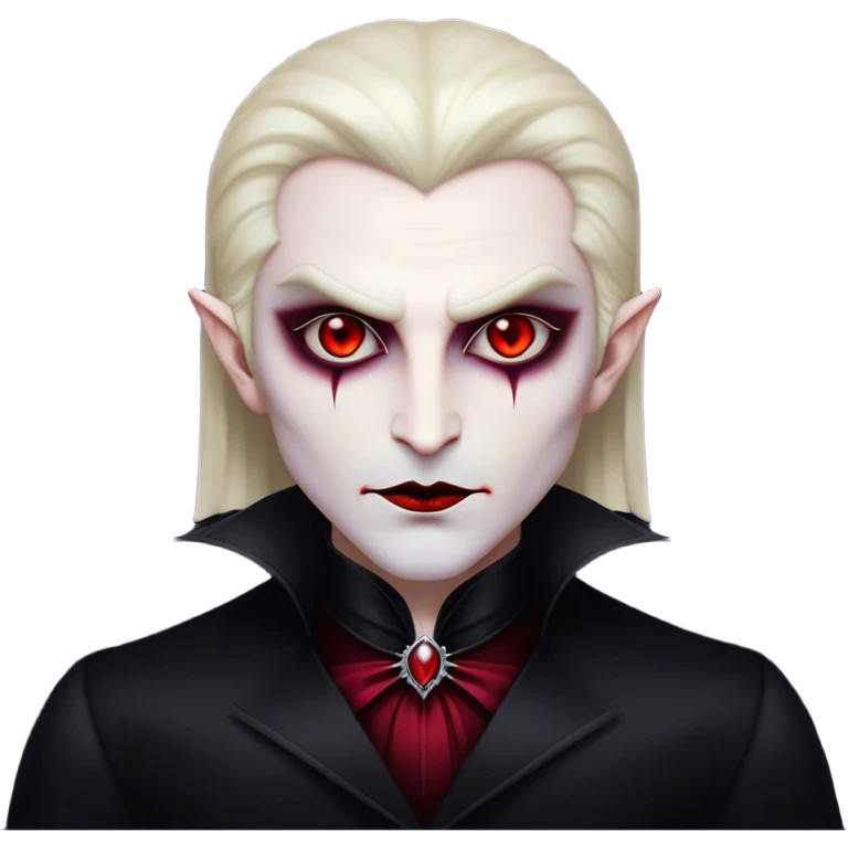 Cinematic Noble Vampire Portrait Emoji, Elegant and commanding, with a refined, pale visage framed by dark, velvet accents and a hint of crimson, exuding timeless seduction and dangerous allure, simplified yet exquisitely detailed, glowing with a soft nocturnal radiance and a subtle, mysterious outline that captures the regal spirit of an immortal lord of the night! emoji