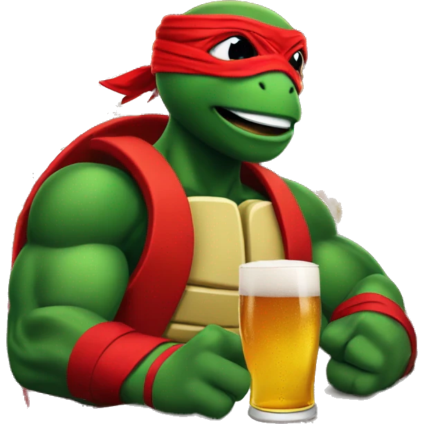 Raphael the ninja turtle red bandage drinking beer in a bar with muscles  emoji