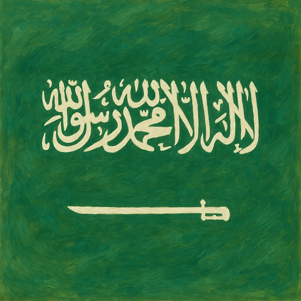 ghibli style painterly Saudi Arabia flag with green background, white script and sword emoji