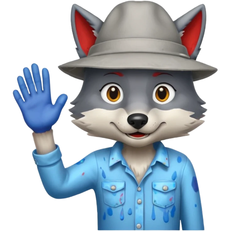 Wolf cartoon shaking hand wering hat and paint shirt  emoji