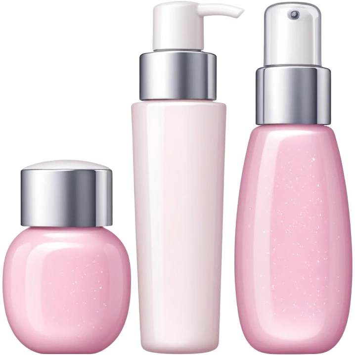 three white standing beauty products, sparkles around emoji