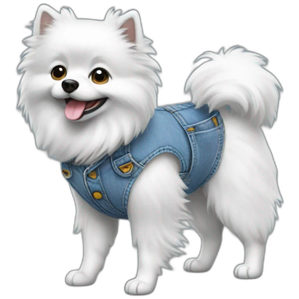 Gray small spitz walking in overalls emoji