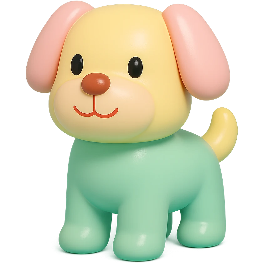               Transform {subject} into a soft vinyl figure with a smooth, glossy surface. The material should look slightly rubbery and tactile, with minimalistic curves and a matte-gloss hybrid finish. Use pastel or soft solid colors. The surface is seamless, with no visible textures or roughness. Studio lighting, vibrant background, clean, playful, designer toy aesthetic and no shadows. {subject} = dog, make sure the mouth has nice outlines emoji