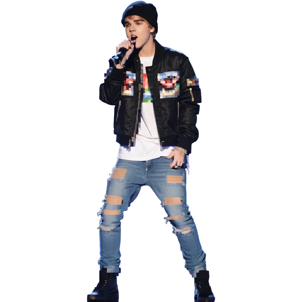 Justin Bieber singing on stage, wearing a jacket and jeans emoji