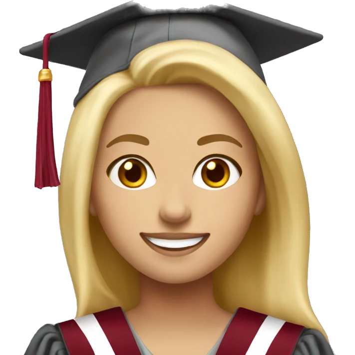 Blonde girl smiling wearing university of Chicago Loyola grad cap emoji