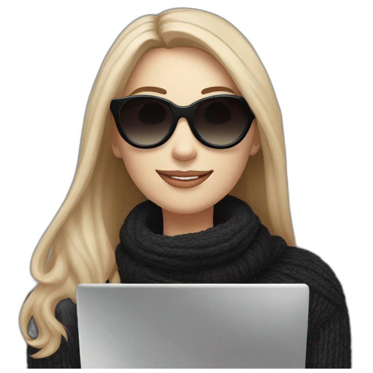 smiling woman with pale skin middle brown long straight hair with a laptop and a coffee mug wearing a black woolly shirt and a black woolly scarf wearing heart shaped black sunglasses emoji