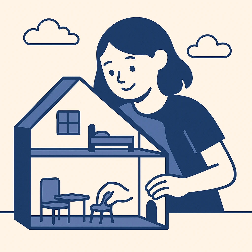 smiling girl arranging furniture in doll house emoji