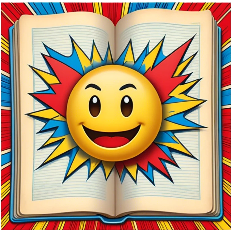 Create a vibrant emoji, representing comic books and graphic novels as an art form. The design should feature a large, opened comic book with vintage comic panels on the pages. Include a pencil (without a hand), writing text or sketching on the pages. The comic panels should have bold lines and retro-style artwork with classic comic book visuals. Use bright, energetic colors like red, yellow, and blue to evoke excitement and creativity. The overall design should feel dynamic, vintage, and artistic. Make the background transparent. emoji