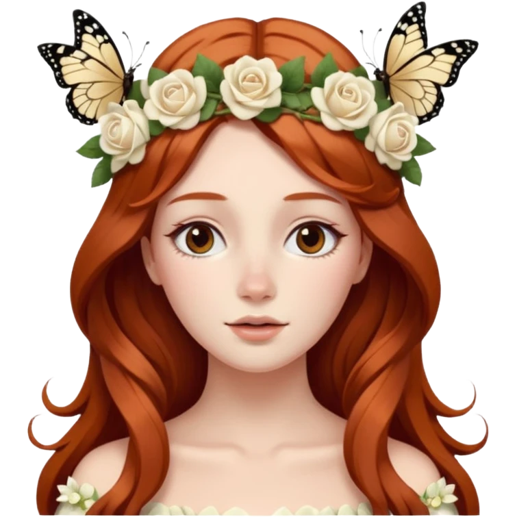 Woman with long flowing auburn hair wearing a flower crown with white and cream colored roses and butterflies in it emoji