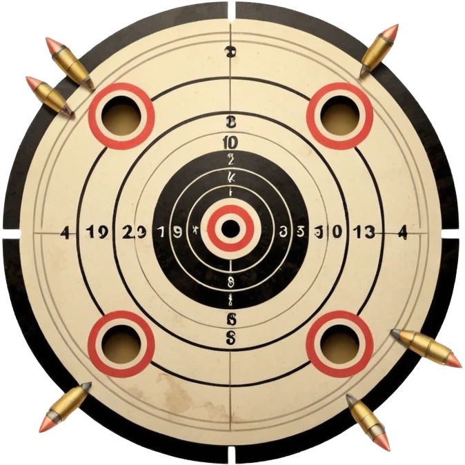 Paper target with bullet holes clustered in the center and spent shell casings below emoji