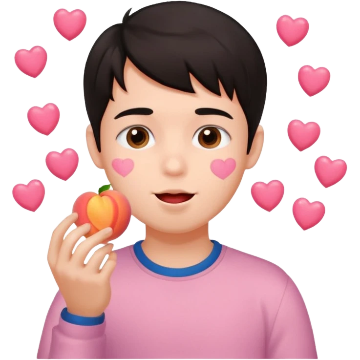 Cute boy, grown out dark hair, eating a peach, pink hearts floating  emoji