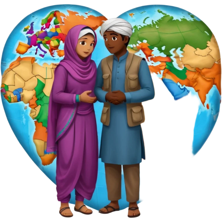 An emotional artistic illustration of an Indian man and an Afghan hijabi girl standing on the maps of India and Afghanistan, symbolically embracing each other  from in front side  despite the distance, showing love beyond borders. emoji