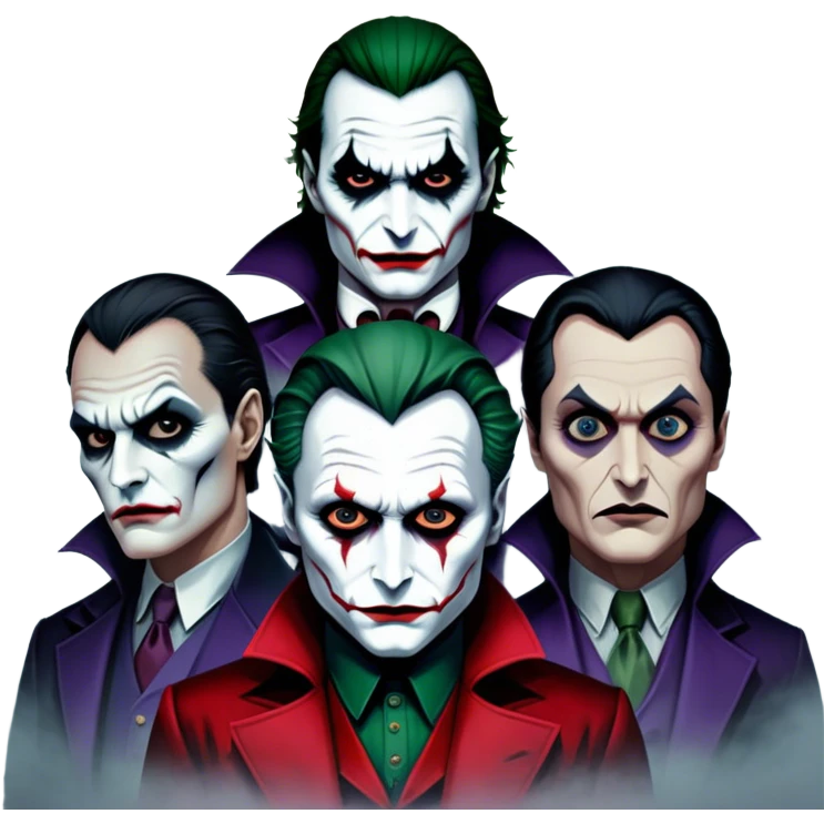 Thriller Movie Icon: A dark, intense collage with close-up images of iconic thriller characters like 1 Joker, 1 Hannibal Lecter, and 1 Vlad Dracula. The background features a moody Gotham City skyline, with shadowy figures and fog. Atmospheric, suspenseful tone. Transparent background. emoji