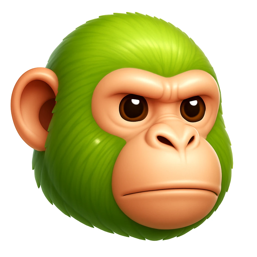 Create a chimpanzee emoji that looks exactly like the reference image in iOS emoji style. The emoji should have 3D appearance, shiny surface, smooth gradients, soft shadows, and realistic green fur on the chimpanzee face with a classic emoji look. Add a subtle highlight to the fur. emoji