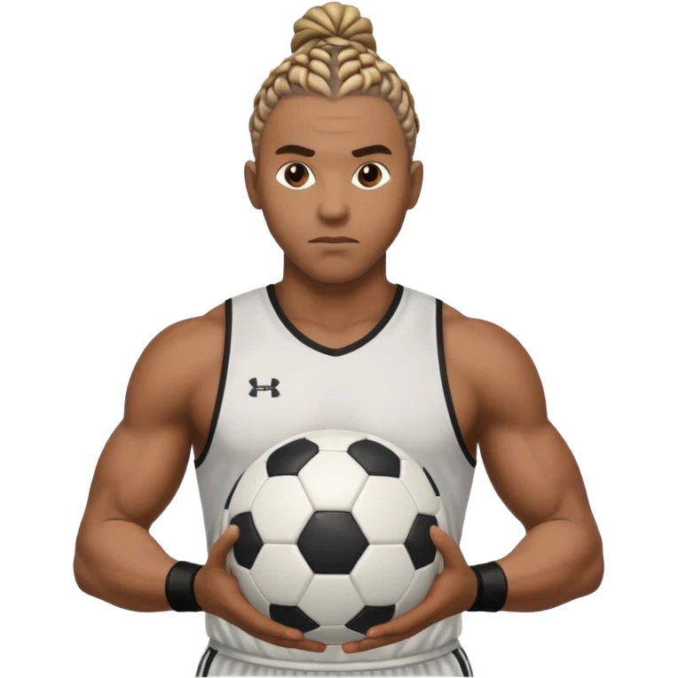 Make a black strong person with cornrows with huge biceps holding a the soccer ball in between his hand almost like hes trying to break it emoji