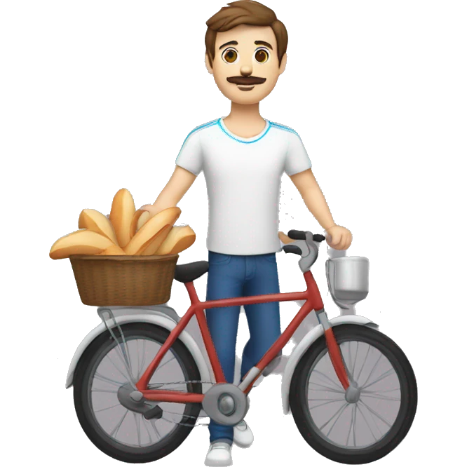 white man with brown hair a moustache and wearing a white t-shirt with several blue stripes, on a bike, wearing a red scarf and holding a baguette emoji