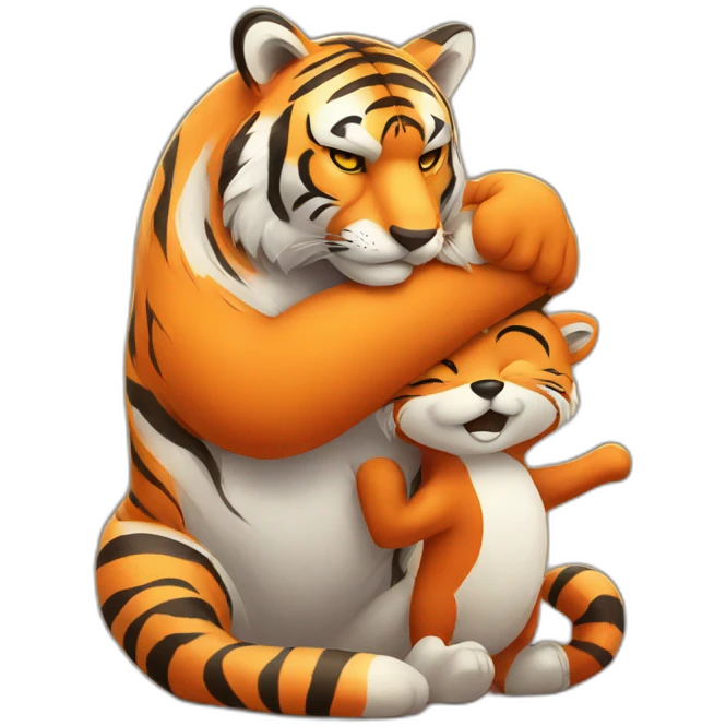 Big tiger hugs small fox tightly emoji